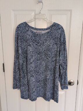 Roaman's Blue Patterned Crew Neck Long Sleeve Top - 2X 26/28